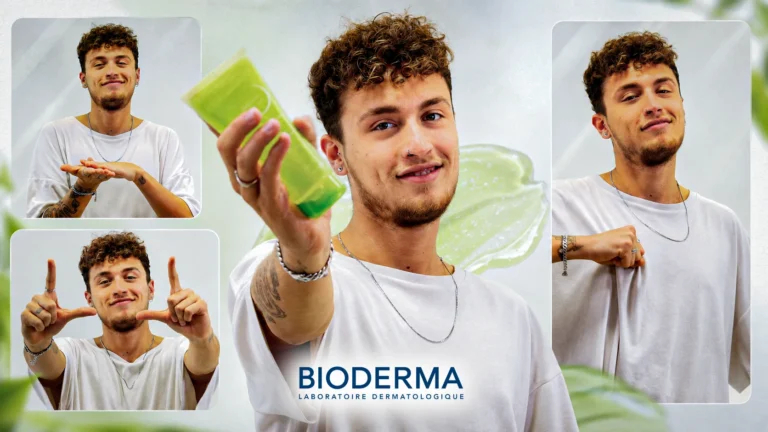 Bioderma campaign featuring a male model holding a skincare product