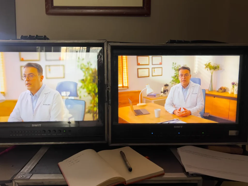 Production monitors showing an interview scene from the Zona Farkındalık Haftası commercial